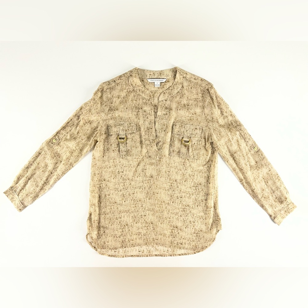 Diane Von Furstenberg Beige Brown Sheer Long Sleeve‎ Top Blouse Women's Size 6